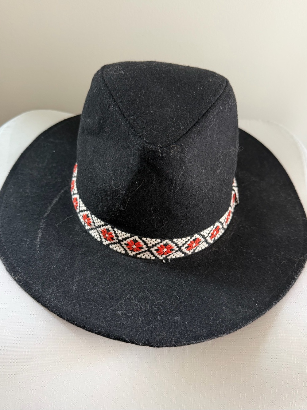 Black Wool Fedora with Orange-Red & White Beaded Band